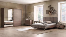 Set Mobila Dormitor din pal, cu pat 200 x 160 cm, 5 piese Clara Nuc / Grej