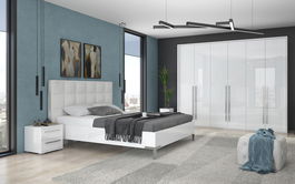 Set Mobila Dormitor din pal si piele ecologica, cu pat 200 x 160 cm, 4 piese Piano II P6A/PN Alb