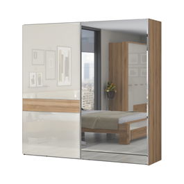 Dulap din pal si MDF, cu 2 usi glisante si oglinda, Gala Medium PK231-OG/GL Bej / Nuc Pacific, l230xA61xH224 cm