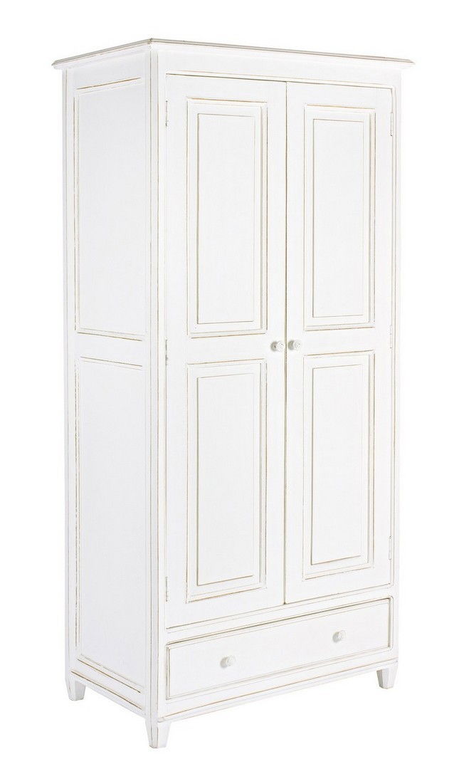 Dulap din lemn de mango, cu 1 sertar si 2 usi, Colette Alb Antichizat, l90xA55xH190 cm