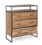 Comoda din lemn de salcam si metal, cu 3 sertare, Elmer Natural, l90xA40xH105 cm
