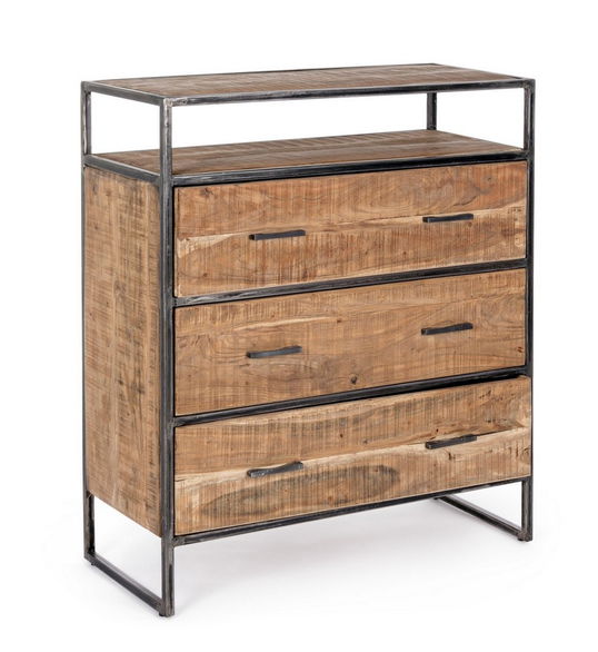 Comoda din lemn de salcam si metal, cu 3 sertare, Elmer Natural, l90xA40xH105 cm