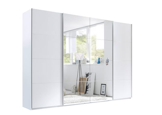 Dulap din pal cu 4 usi glisante si oglinda, Sincron I Alb, l315xA62xH226 cm