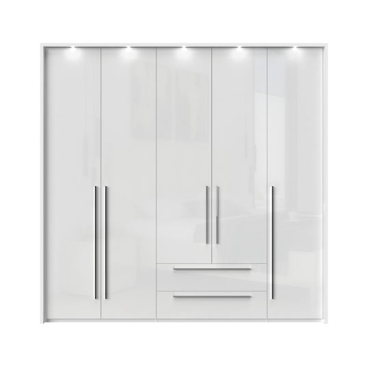 Dulap din pal si MDF, cu 5 usi, 2 sertare si LED inclus, Piano Stripes P52B/PN Alb, l232xA60xH226 cm