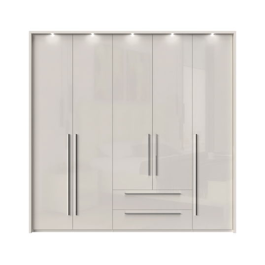 Dulap din pal si MDF, cu 5 usi, 2 sertare si LED inclus, Piano Stripes P52B/PN Bej, l232xA60xH226 cm