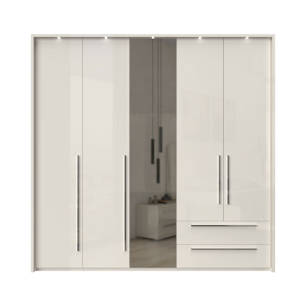 Dulap din pal si MDF, cu 5 usi, 2 sertare, oglinda si LED inclus, Piano Stripes P52B-1OG/PN Bej, l232xA60xH226 cm
