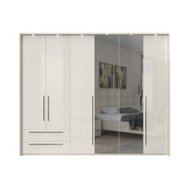 Dulap din pal si MDF, cu 6 usi, 2 sertare, oglinda si LED inclus, Piano Stripes P62B-2OG/PN Bej, l277xA60xH226 cm