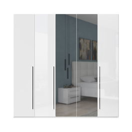 Dulap din pal si MDF, cu 5 usi si oglinda, Piano P5-2OG/PN Alb, l227xA56xH224 cm