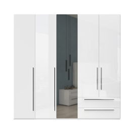 Dulap din pal si MDF, cu 5 usi, 2 sertare si oglinda, Piano P52-1OG/PN Alb, l227xA56xH224 cm