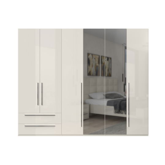 Dulap din pal si MDF, cu 6 usi, 2 sertare si oglinda, Piano P62-2OG/PN Bej, l272xA56xH224 cm