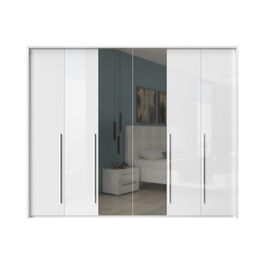Dulap din pal si MDF, cu 6 usi si oglinda, Piano Stripes P6A-2OG/PN Alb, l277xA60xH226 cm