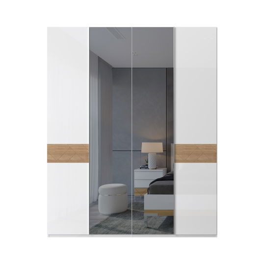 Dulap din pal si MDF, cu 4 usi si oglinda, Avis P4-2OG-2/AV Alb / Nuc Pacific, l182xA56xH224 cm