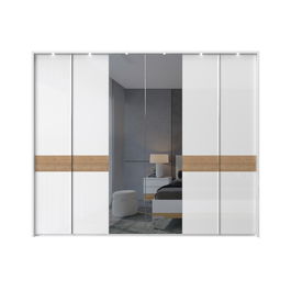 Dulap din pal si MDF, cu 6 usi, oglinda si LED inclus, Avis P6B-2OG/AV Alb / Nuc Pacific, l277xA60xH227 cm