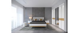 Set Mobila Dormitor din pal si MDF, LED inclus, cu pat 200 x 180 cm, 4 piese Avis Large Alb / Nuc Pacific