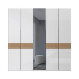 Dulap din pal si MDF, cu 5 usi si oglinda, Avis P5-1OG/AV Alb / Nuc Pacific, l227xA56xH224 cm
