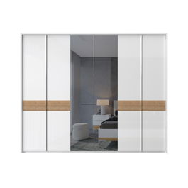 Dulap din pal si MDF, cu 6 usi si oglinda, Avis Stripes P6A-2OG/AV Alb / Nuc Pacific, l277xA60xH227 cm