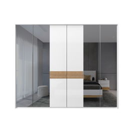 Dulap din pal si MDF, cu 6 usi si oglinda, Avis Stripes P6A-4OG/AV Alb / Nuc Pacific, l277xA60xH227 cm