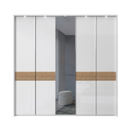 Dulap din pal si MDF, cu 5 usi, oglinda si LED inclus, Avis Stripes P5B-1OG/AV Alb / Nuc Pacific, l232xA60xH227 cm