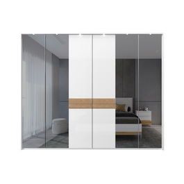 Dulap din pal si MDF, cu 6 usi, oglinda si LED inclus, Avis Stripes P6B-4OG/AV Alb / Nuc Pacific, l277xA60xH227 cm