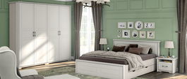 Set Mobila Dormitor din pal si MDF, cu pat 200 x 180 cm, 5 piese Evergreen Large Ivoir Mat / Pin Polar