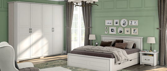 Set Mobila Dormitor din pal si MDF, cu pat 200 x 180 cm, 5 piese Evergreen Large Ivoir Mat / Pin Polar