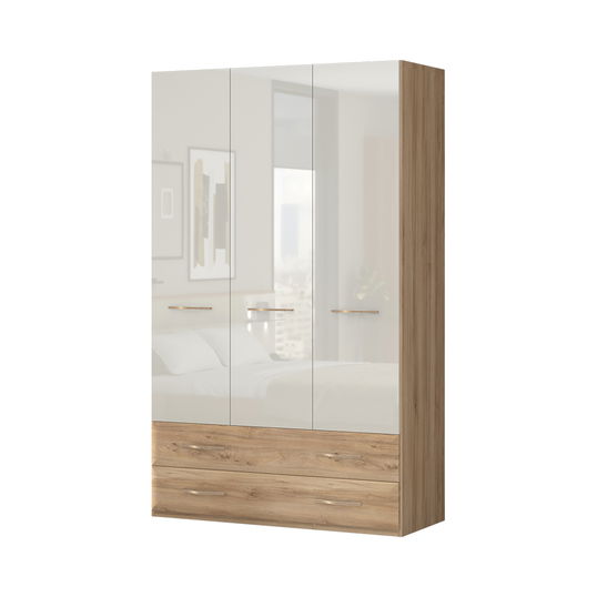 Dulap din pal si MDF, cu 3 usi si 2 sertare, Gala P32/GL Bej / Nuc Pacific, l137xA57xH224 cm