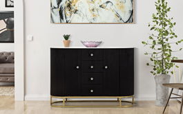 Comoda din lemn si metal tapitata cu stofa, 4 sertare si 2 usi, Montpellier Negru / Auriu, l120xA40xH85 cm