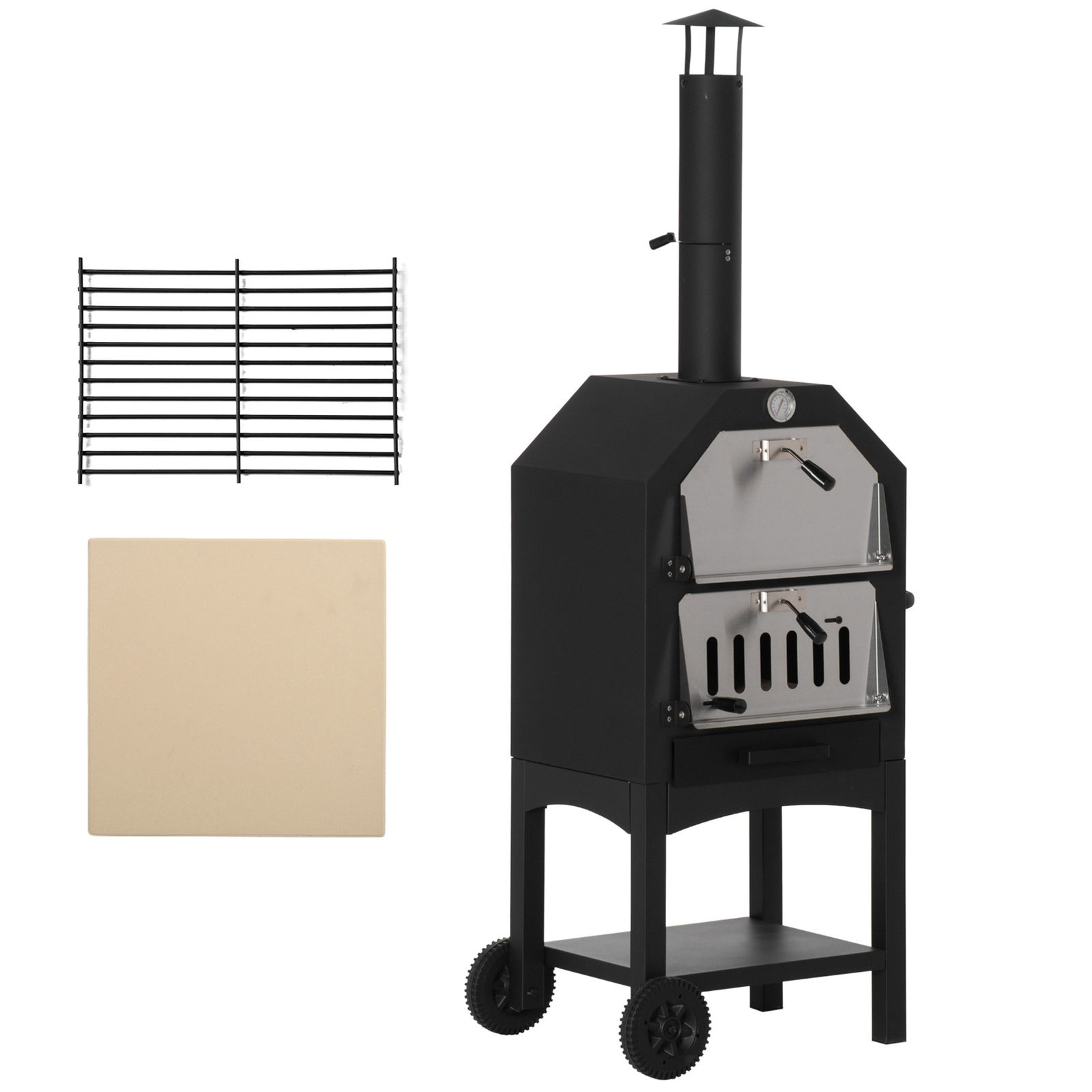 Outsunny Cuptor Pizza din otel inoxidabil Gratar cu carbune , 50x36x160cm Negru