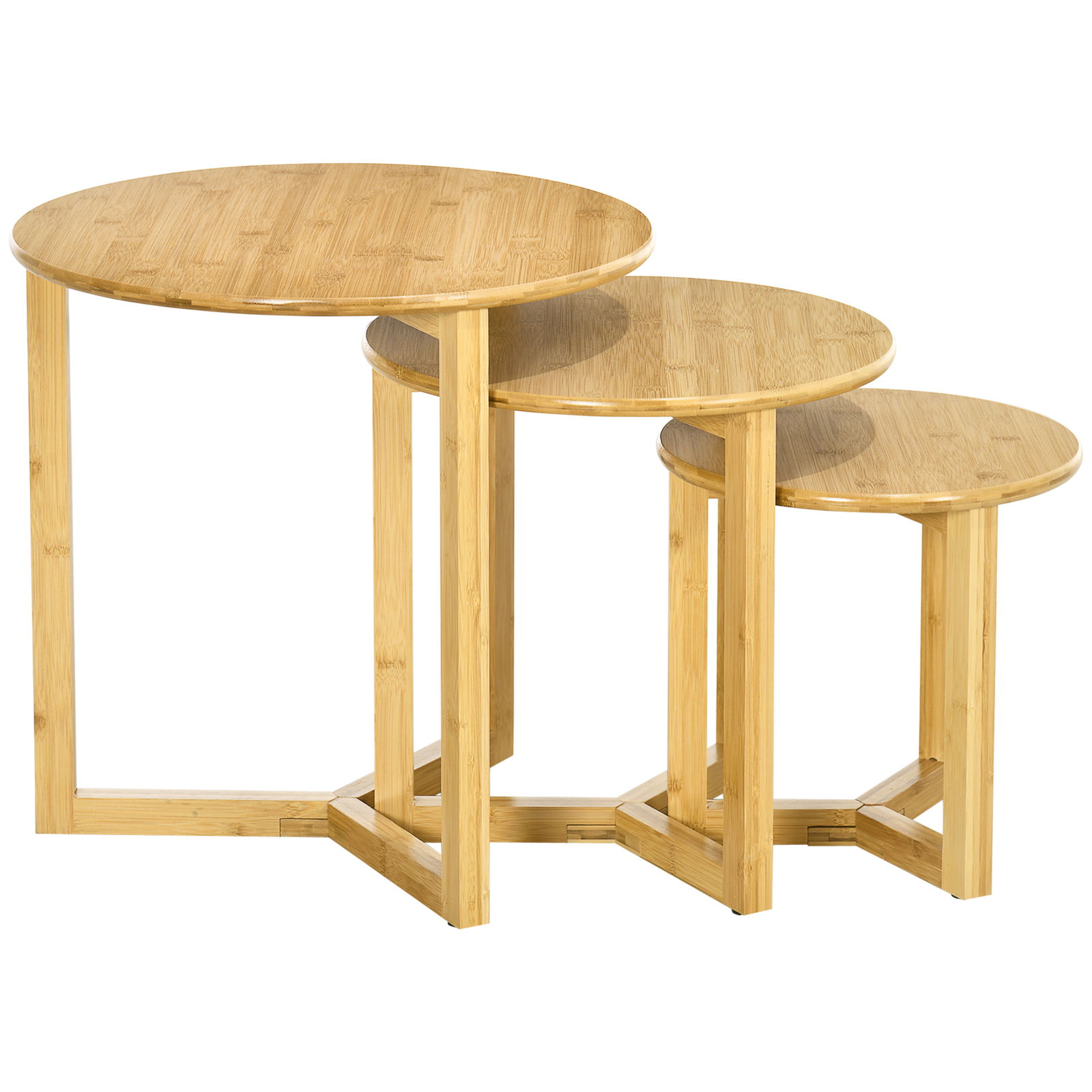HOMCOM Masute pentru camera de zi, 3 bucati din bambus cu design superpozabil pentru spatii interioare si exterioare, Φ48x48/Φ40x40/Φ32x32 cm, culoarea lemnului | AOSOM RO
