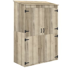Outsunny Magazie de Gradina din Lemn pentru Depozitarea Uneltelor, Magazie de Gradina cu Usi Duble cu Magneti, Dulap de Depozitare a Uneltelor cu Acoperis Inclinat, 120 x 57 x 183 cm, Natur
