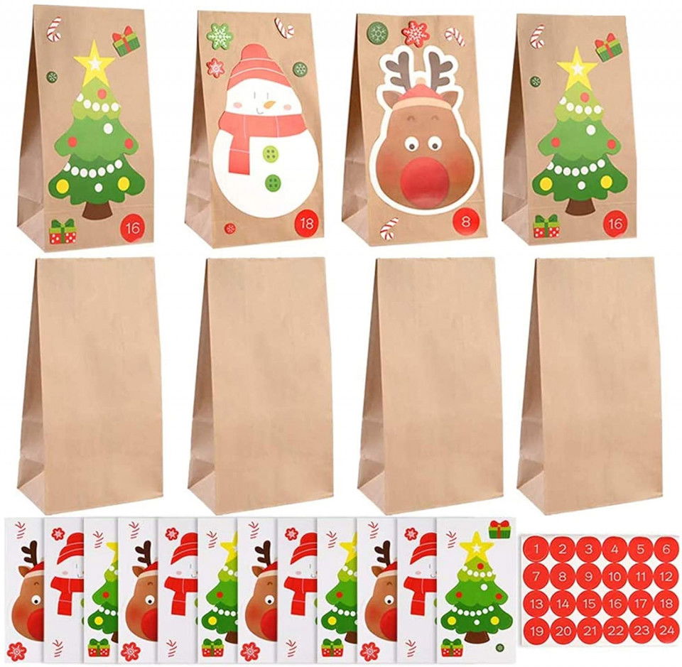 Set de 24 pungi cu felicitari si autocolante cu numere pentru calendar de advent Faburo, hartie,multicolor, 13 x 8 x 24 cm