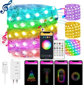 Ghirlanda de lumini cu telecomanda si aplicatie pe telefon YiKAiLi, multicolor, bluetooth, 66 LED-uri, 10 m