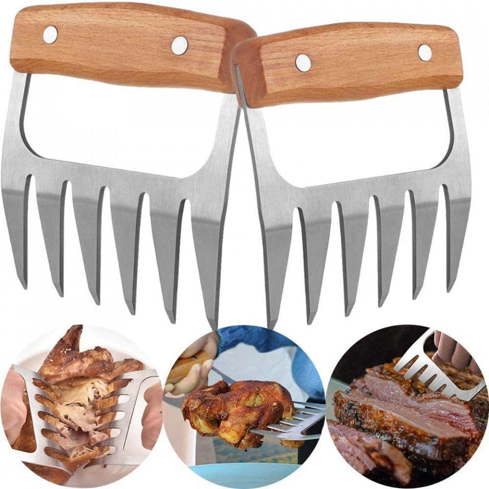 Set de 2 gheare pentru carne/legume KAVAVO, lemn/otel inoxidabil, argintiu/maro, 10,6 x 11,7 cm