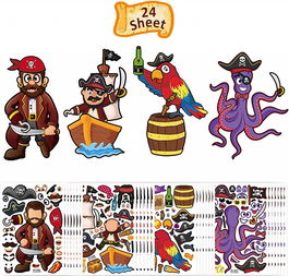 Set de 24 foi cu stickere ZERHOK, model pirati, vinil, multicolor