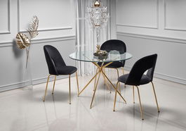 Set masa rotunda din sticla si metal Rodney Transparent / Auriu + 4 scaune tapitate cu stofa Kai-385 Velvet Negru / Auriu, Ø110xH74 cm