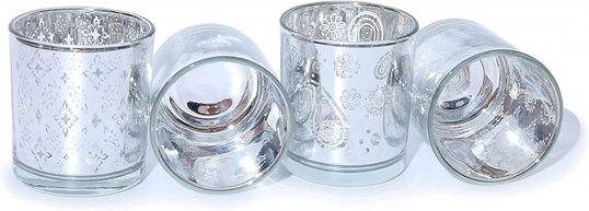 Set de 4 suporturi pentru lumanari Flanacom, sticla, argintiu, 7 x 8 cm