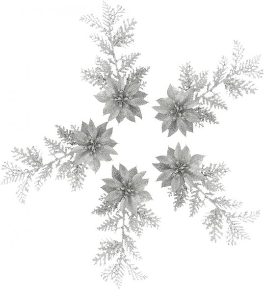 Set de 5 flori artificiale pentru bradul de Craciun TAZZOR, polietilena, argintiu, 20 x 7 cm