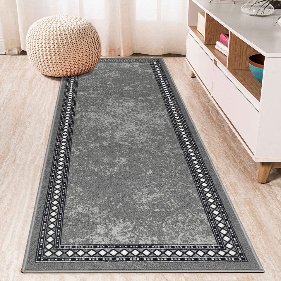 Covor pentru hol Homcomodar, nailon, gri/alb, 65 x 180 cm