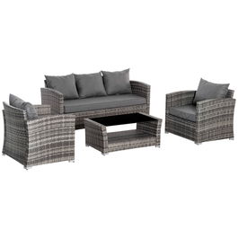 Outsunny Set de canapele din ratan PE pentru terasa, cu 4 piese, cu perne si masuta de cafea cu doua niveluri, cu blat din sticla securizata, Gri