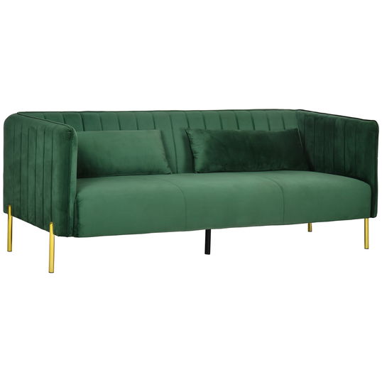 HOMCOM Canapea cu 3 locuri moderna, cu perne captusite, picioare din otel si tesatura catifelata, 195x88x76 cm, verde