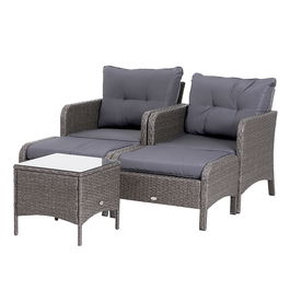 Outsunny Set Mobilier Gradina din Ratan 5 Piese 2 Fotolii Terasa 2 Pouf si Masa de Cafea in sticla cu Perne Decorative, 46x46x42cm Culoare Gri