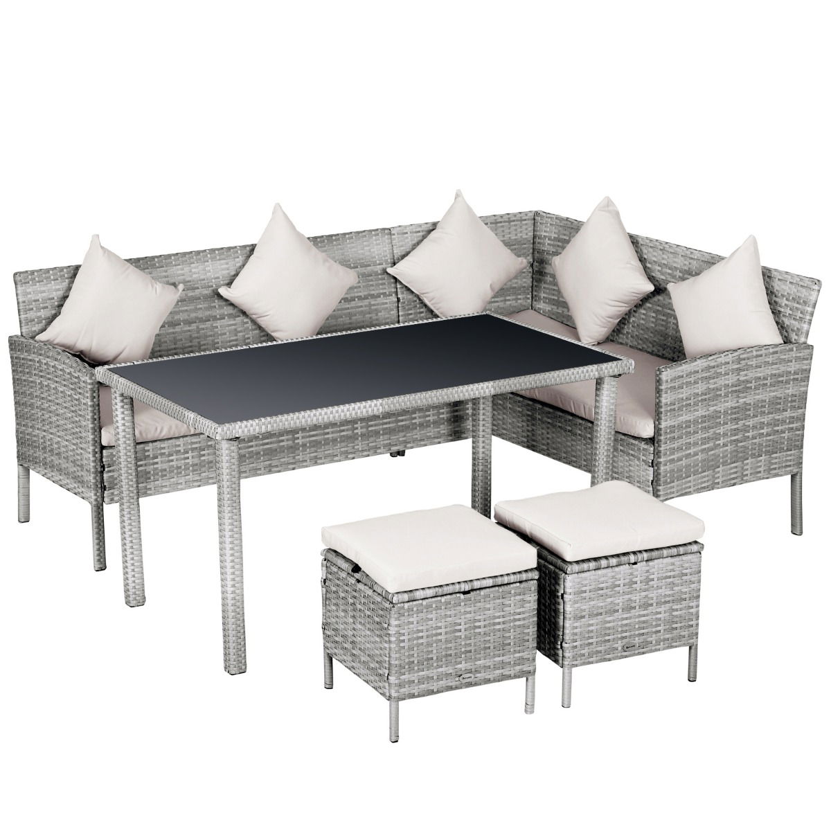 Outsunny Set 5 Piese Masa de Pranz de Exterior cu 2 Canapele 1 Masuta 2 Scaune, Mobilier de Gradina din Ratan Gri