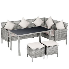 Outsunny Set 5 Piese Masa de Pranz de Exterior cu 2 Canapele 1 Masuta 2 Scaune, Mobilier de Gradina din Ratan Gri