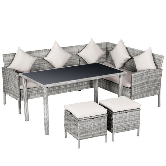 Outsunny Set 5 Piese Masa de Pranz de Exterior cu 2 Canapele 1 Masuta 2 Scaune, Mobilier de Gradina din Ratan Gri