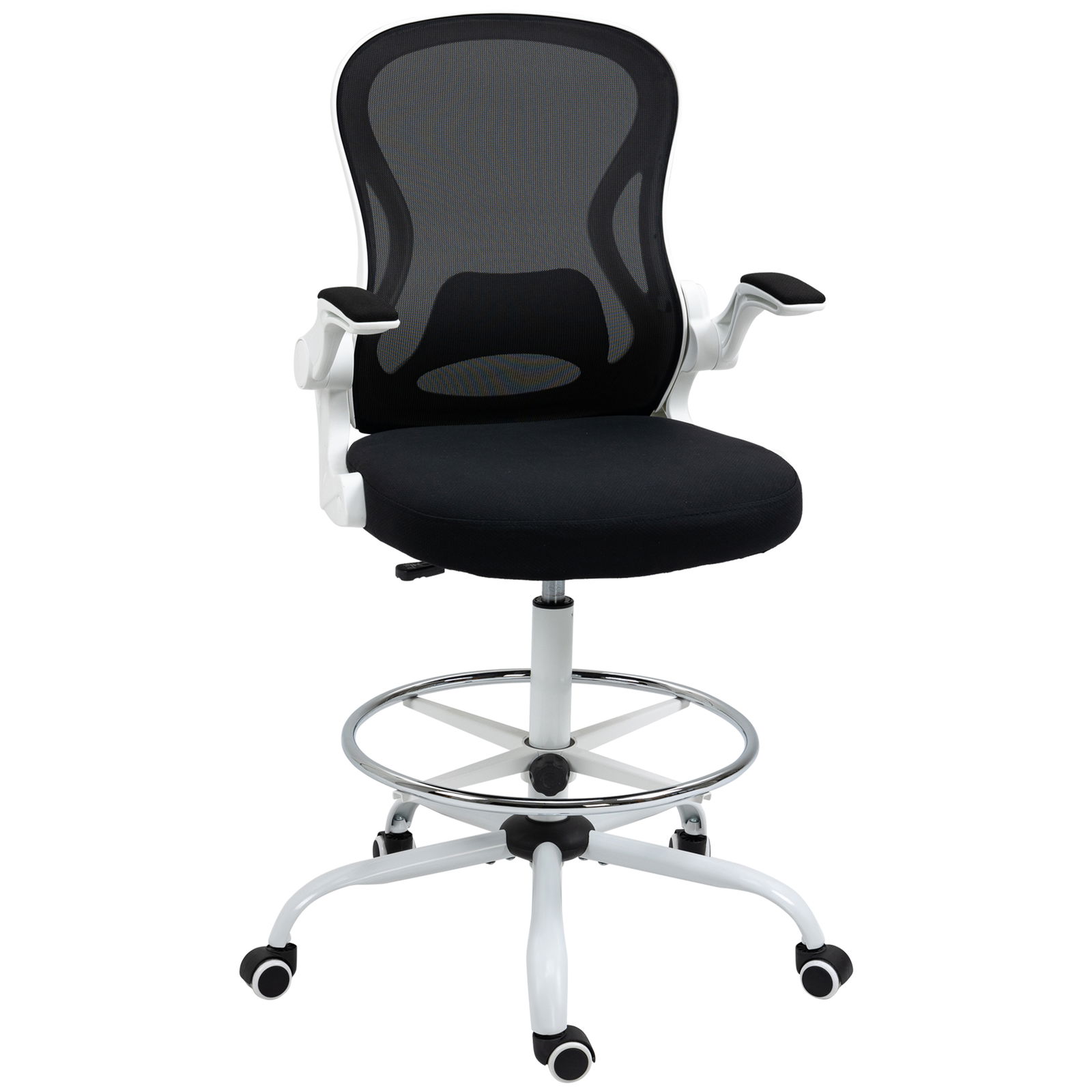 Vinsetto Scaun ergonomic de lucru, Scaun inalt pentru birou din plasa pentru birou pentru stat in picioare, cu cotiere rabatabile, suport lombar, inaltimea sezutului reglabile, negru