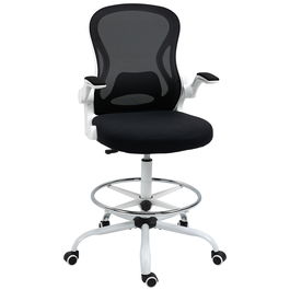 Vinsetto Scaun ergonomic de lucru, Scaun inalt pentru birou din plasa pentru birou pentru stat in picioare, cu cotiere rabatabile, suport lombar, inaltimea sezutului reglabile, negru