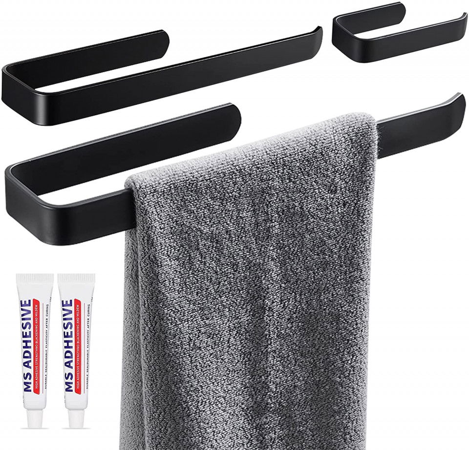 Set de 2 suporturi de prosoape fara foraj SSNH, otel inoxidabil, negru, 33 cm / 16 cm
