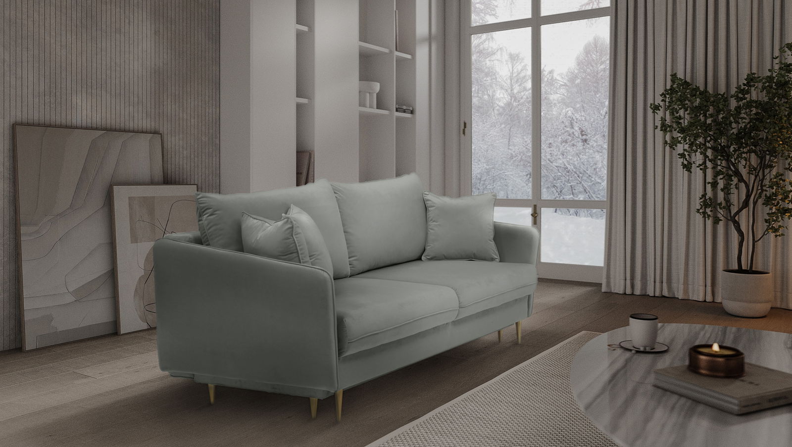 Canapea Extensibila, 3 Locuri, Lada de Depozitare, tapitata cu stofa, Perne Incluse, Volio Velvet Gri, l221xA100xH90 cm