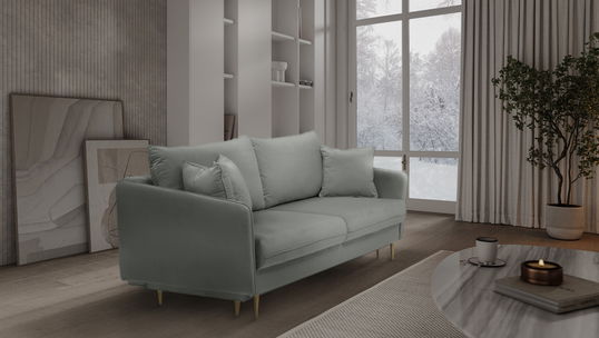 Canapea Extensibila, 3 Locuri, Lada de Depozitare, tapitata cu stofa, Perne Incluse, Volio Velvet Gri, l221xA100xH90 cm