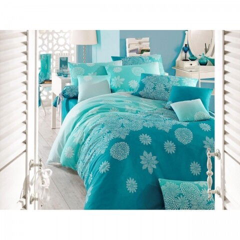 Lenjerie de pat double Simay Turquoise, amestec bumbac